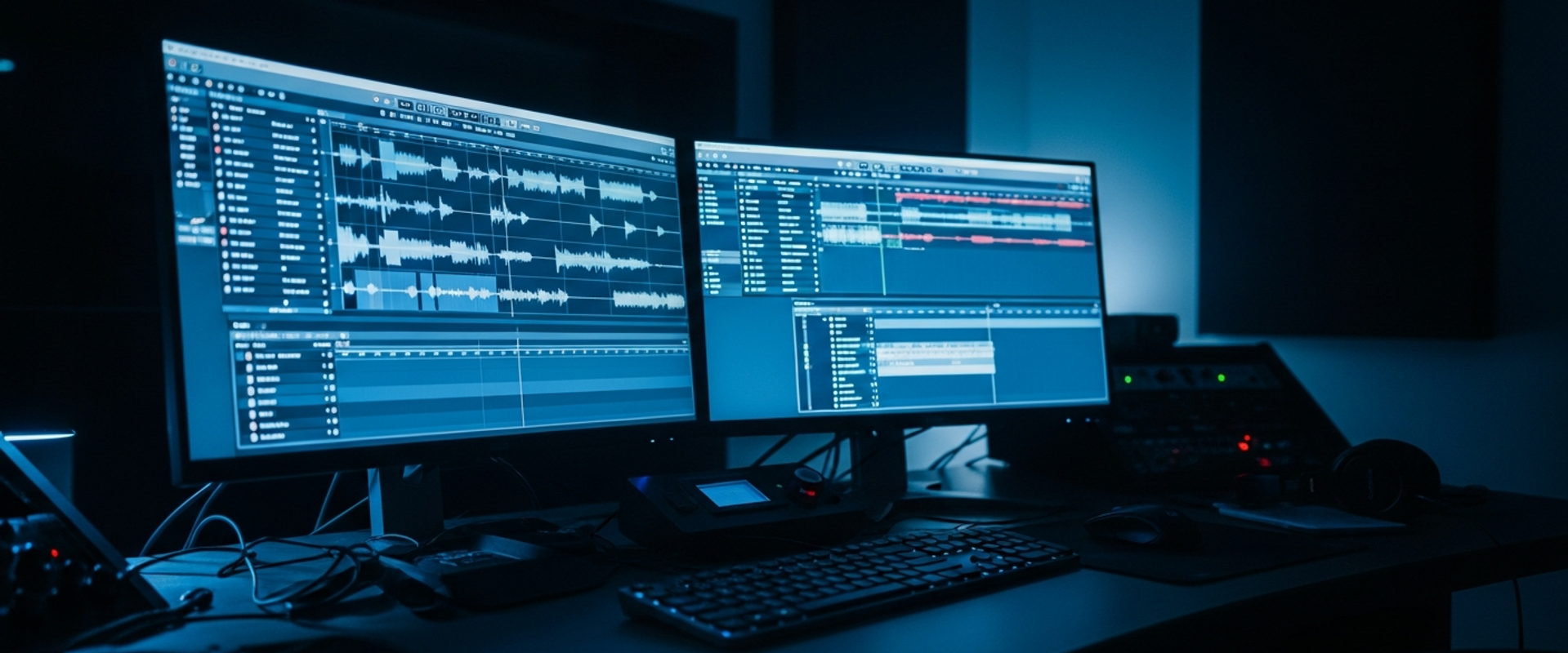 Film editing workstation with audio waveforms and video timeline in dark edit suite — comparing sync agencies and music supervisors for placements