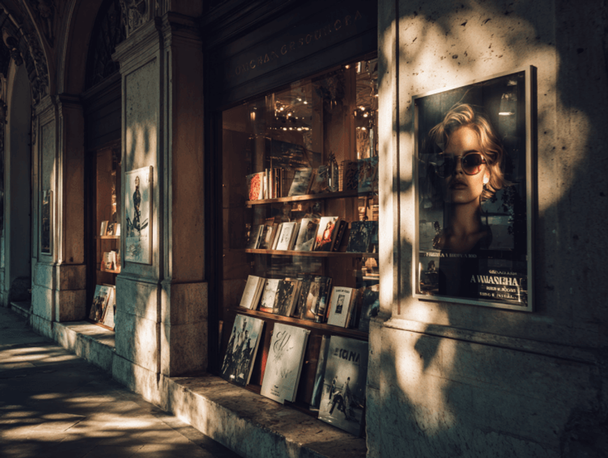 Bookstore window display with fashion posters and books.