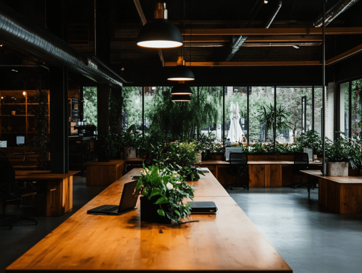 Modern office space with plants and wooden desks.