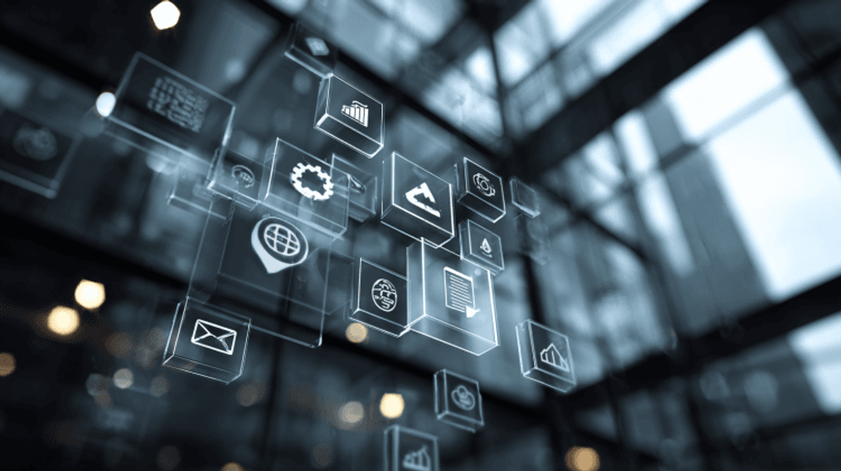 Digital icons floating in a modern glass building.