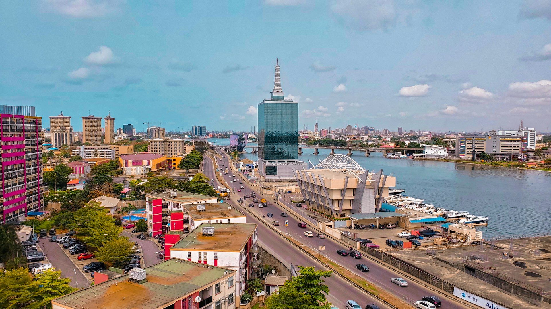 Lagos Nigeria coastal cityscape with modern buildings