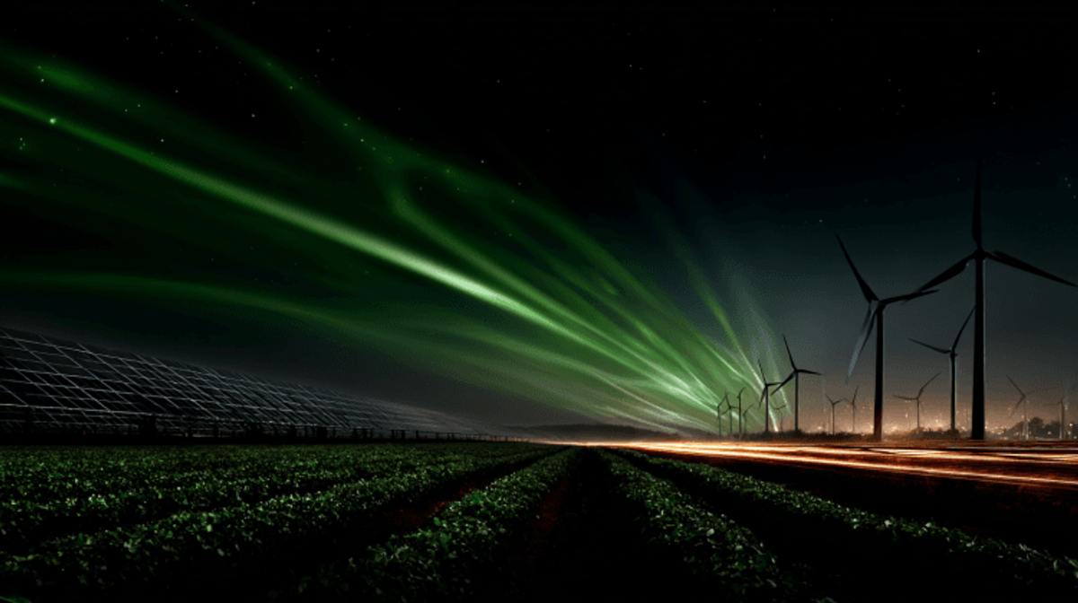Solar panels and wind turbines under green aurora sky.