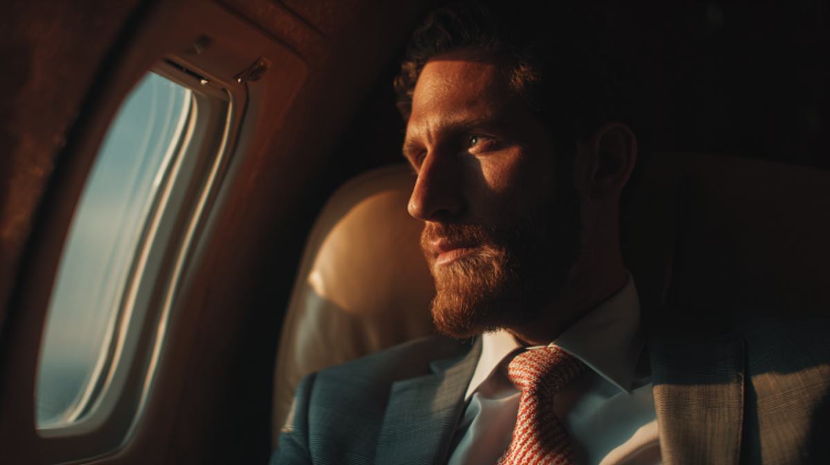 Man in suit gazing out airplane window.