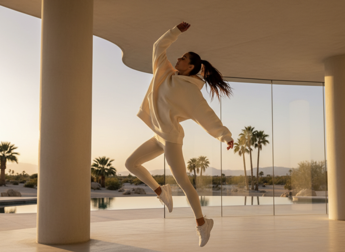 Woman dancing in modern sunlit space.