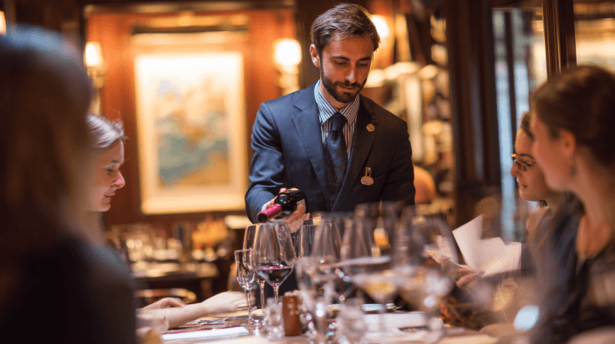 Waiter serving wine at an elegant restaurant table.