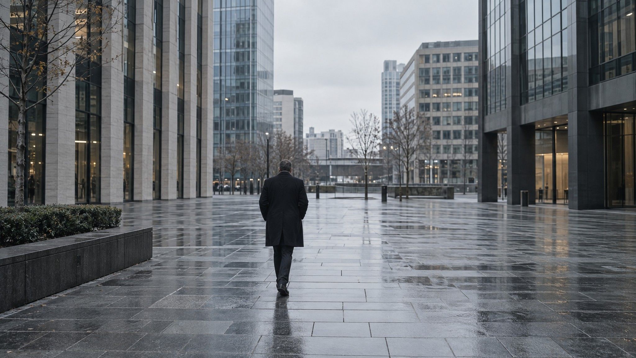 Man in a dark overcoat crossing a plaza between towers, from behind