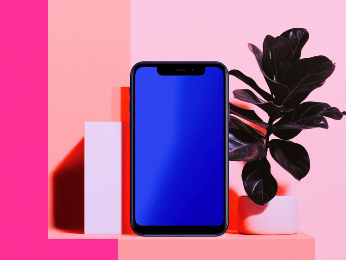 Smartphone with blue screen next to a plant