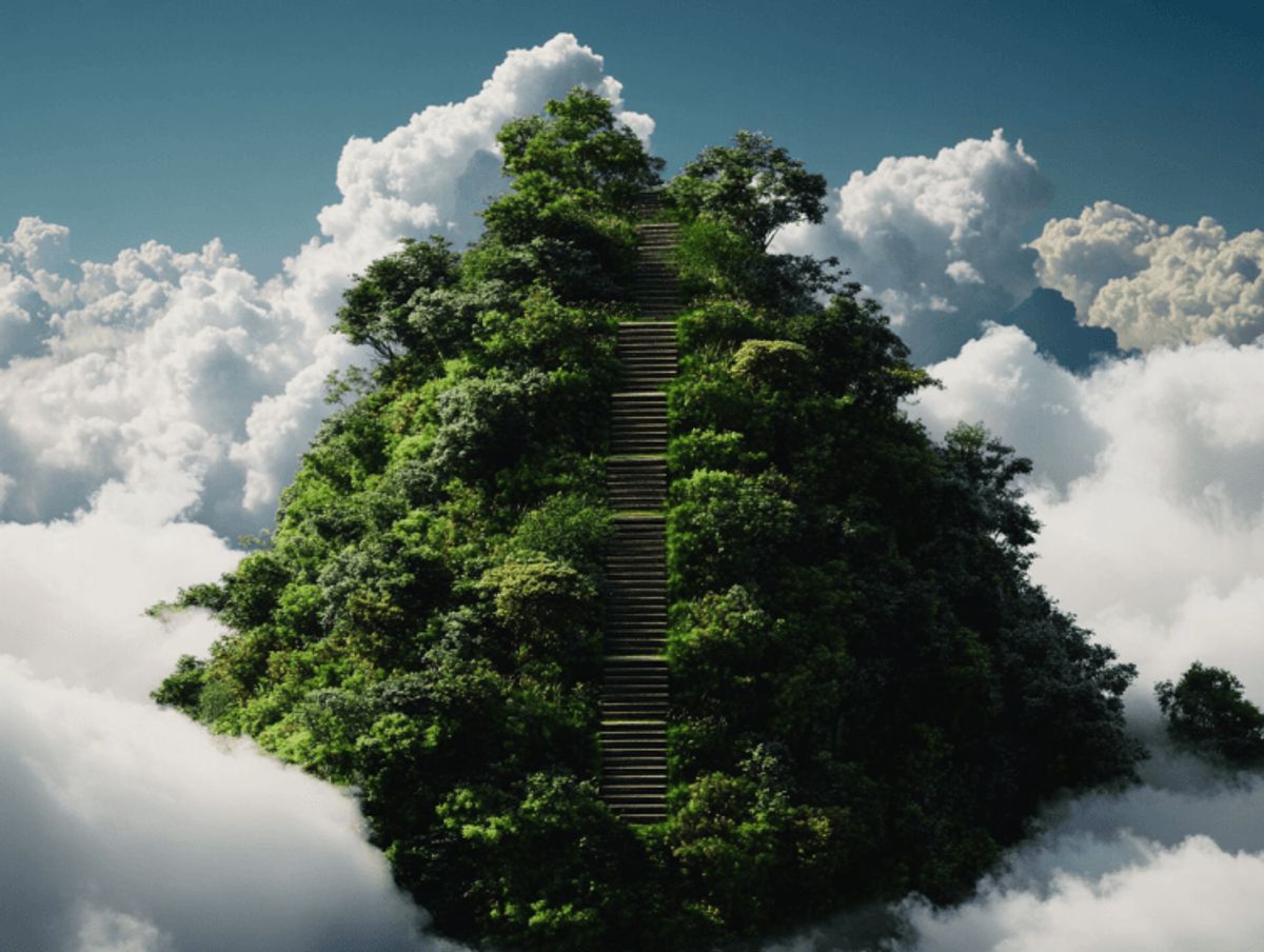 Stairs leading through lush trees into clouds.