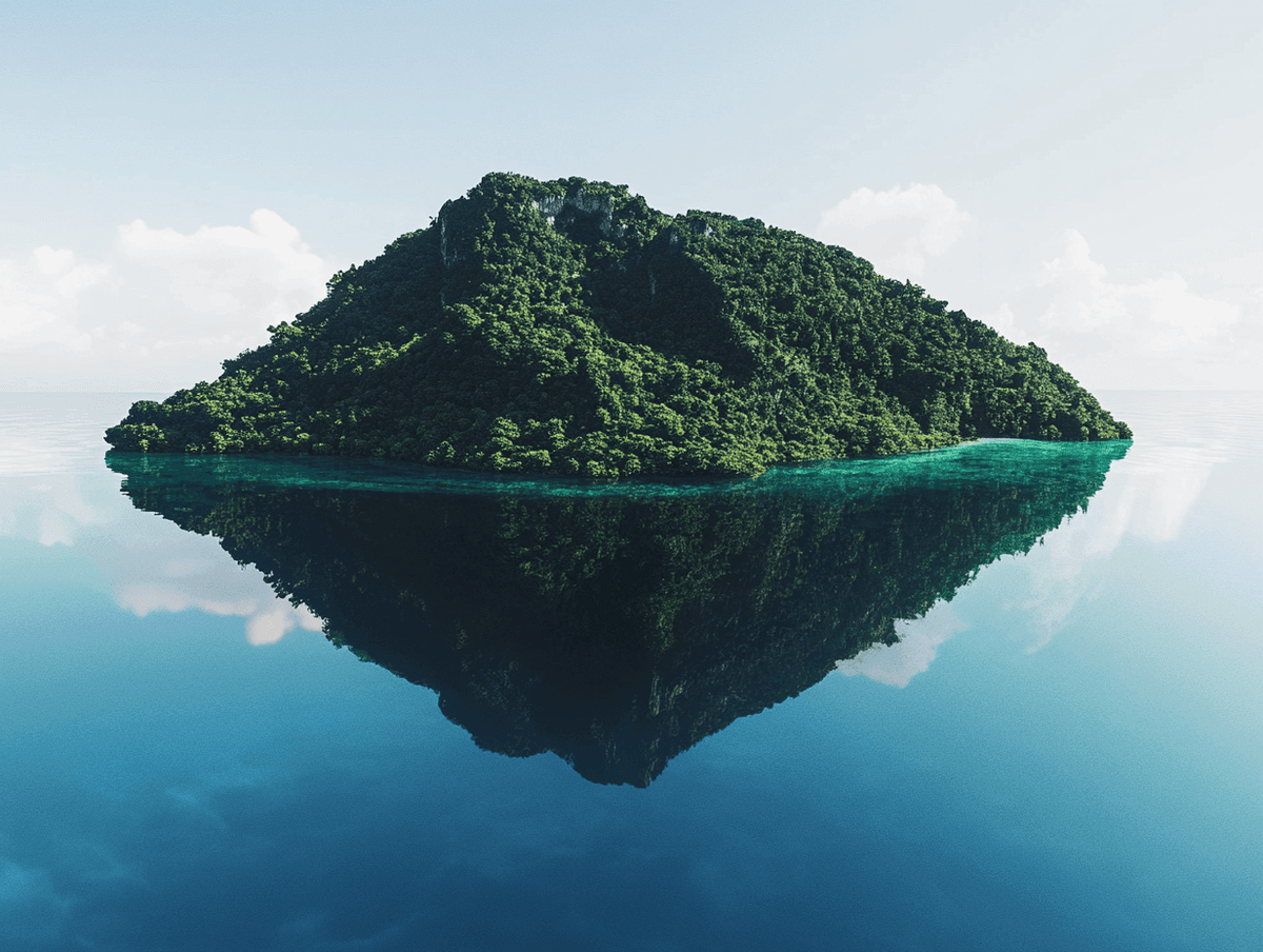 Lush green island reflected in calm blue water.