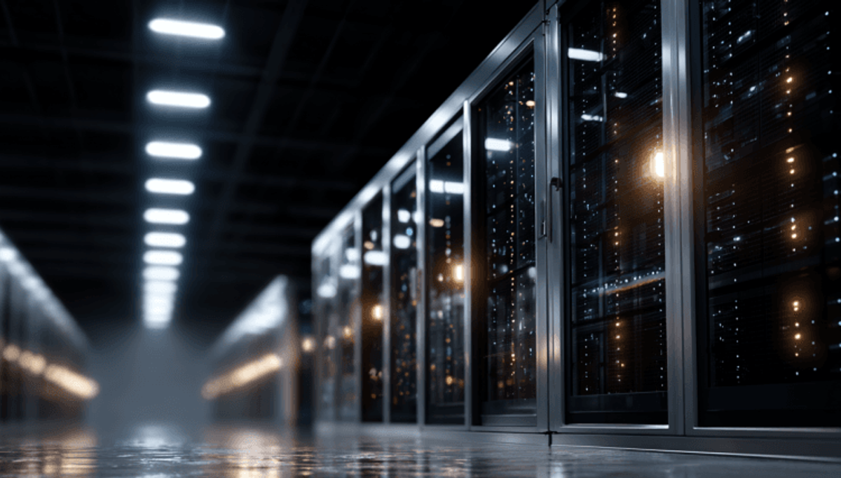 Modern data center with server racks and lights.