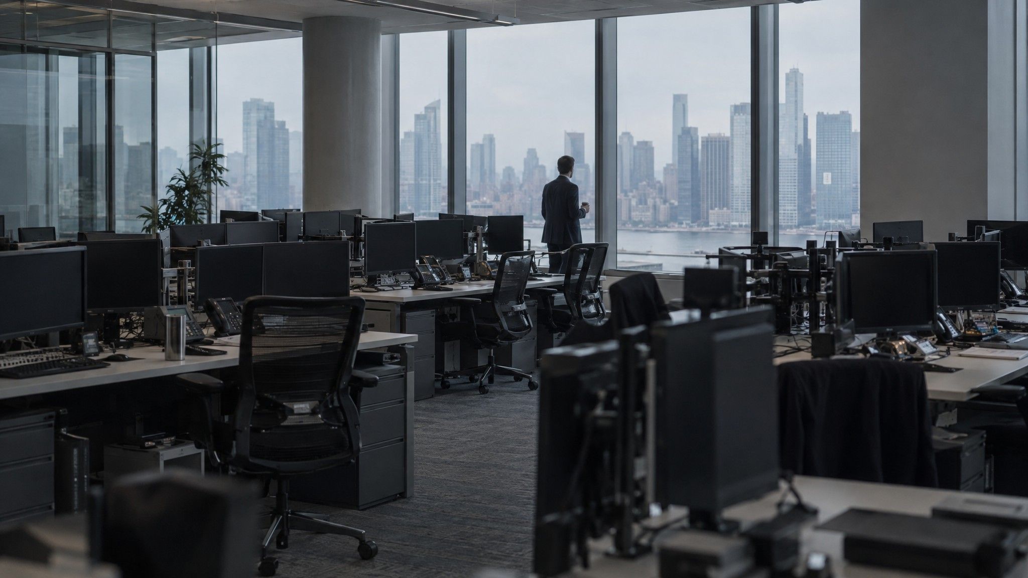 Trading-floor-style office before opening with screens off