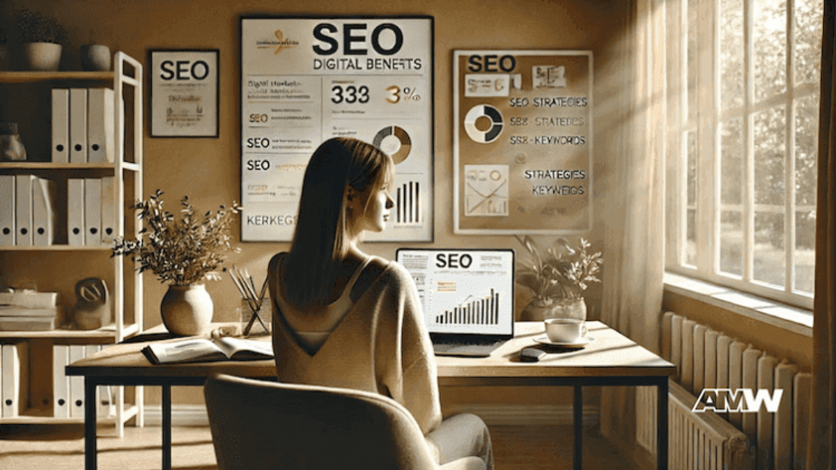 Woman working on SEO analytics at home office.