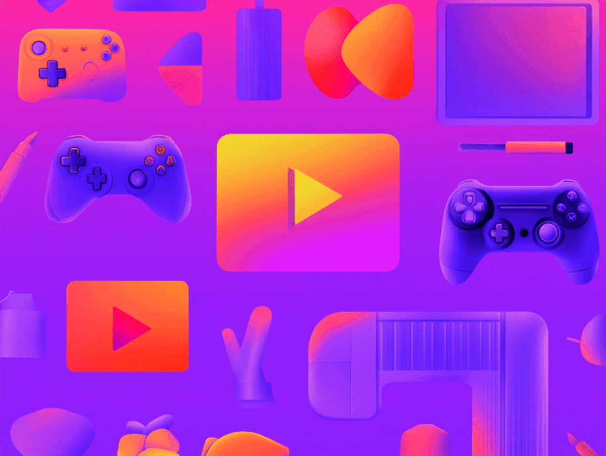Colorful gaming controllers and play button icons
