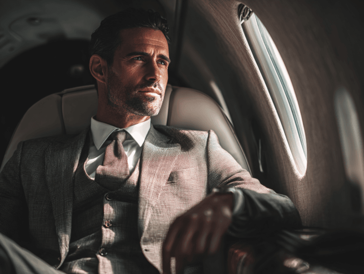 Man in suit on private jet, looking out window.