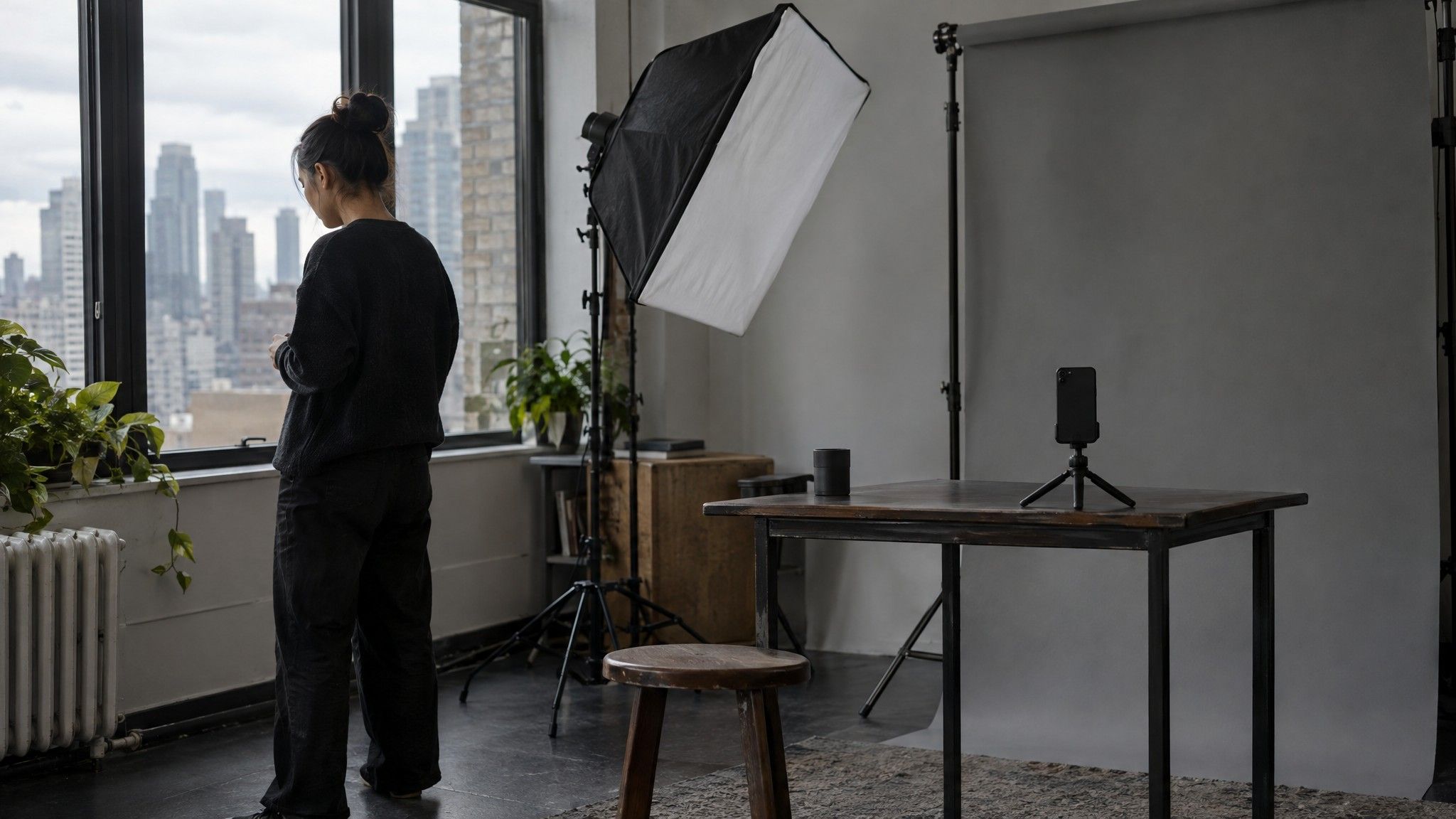 Small studio corner with a phone on a tripod and a grey backdrop