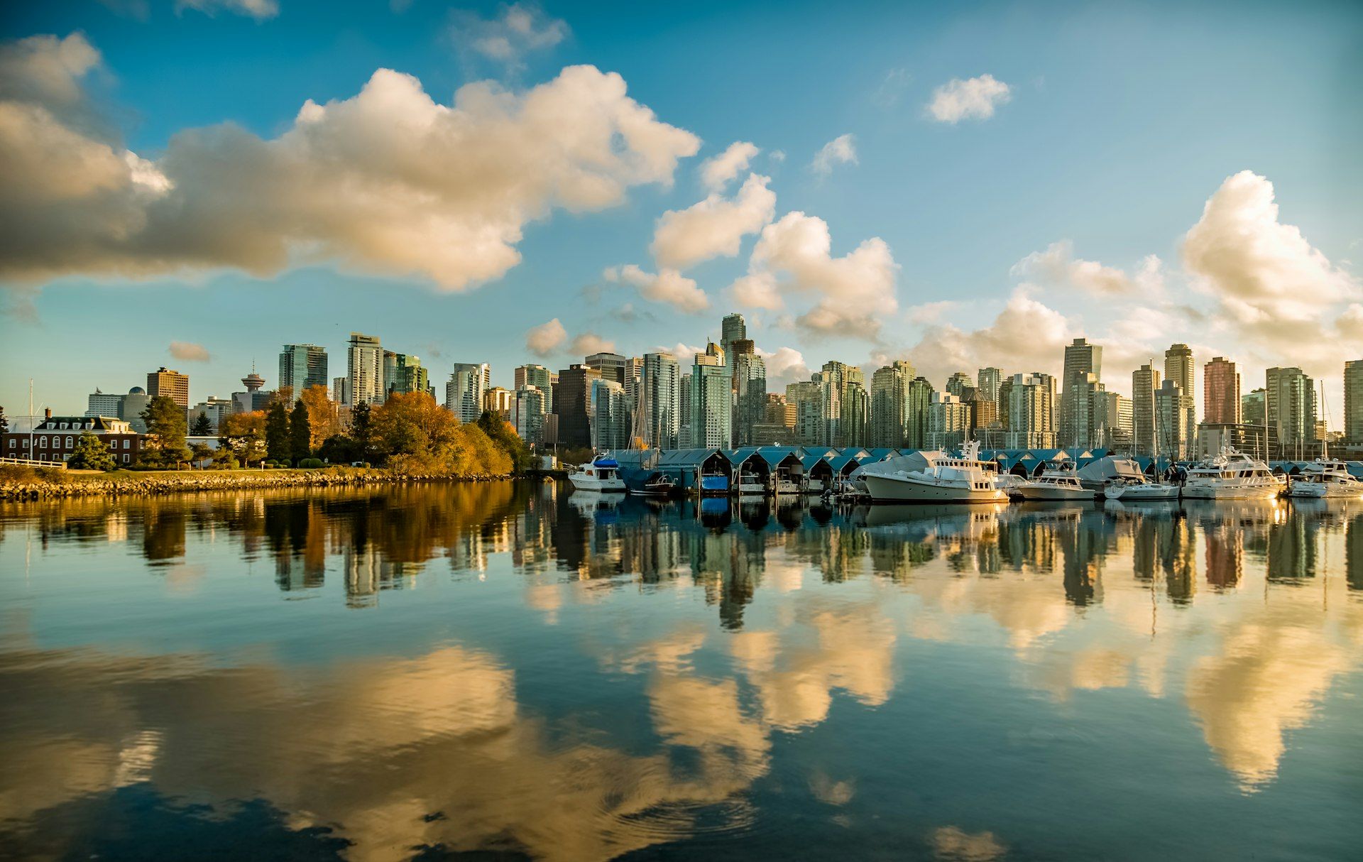 Vancouver Canada skyline with mountains and harbor
