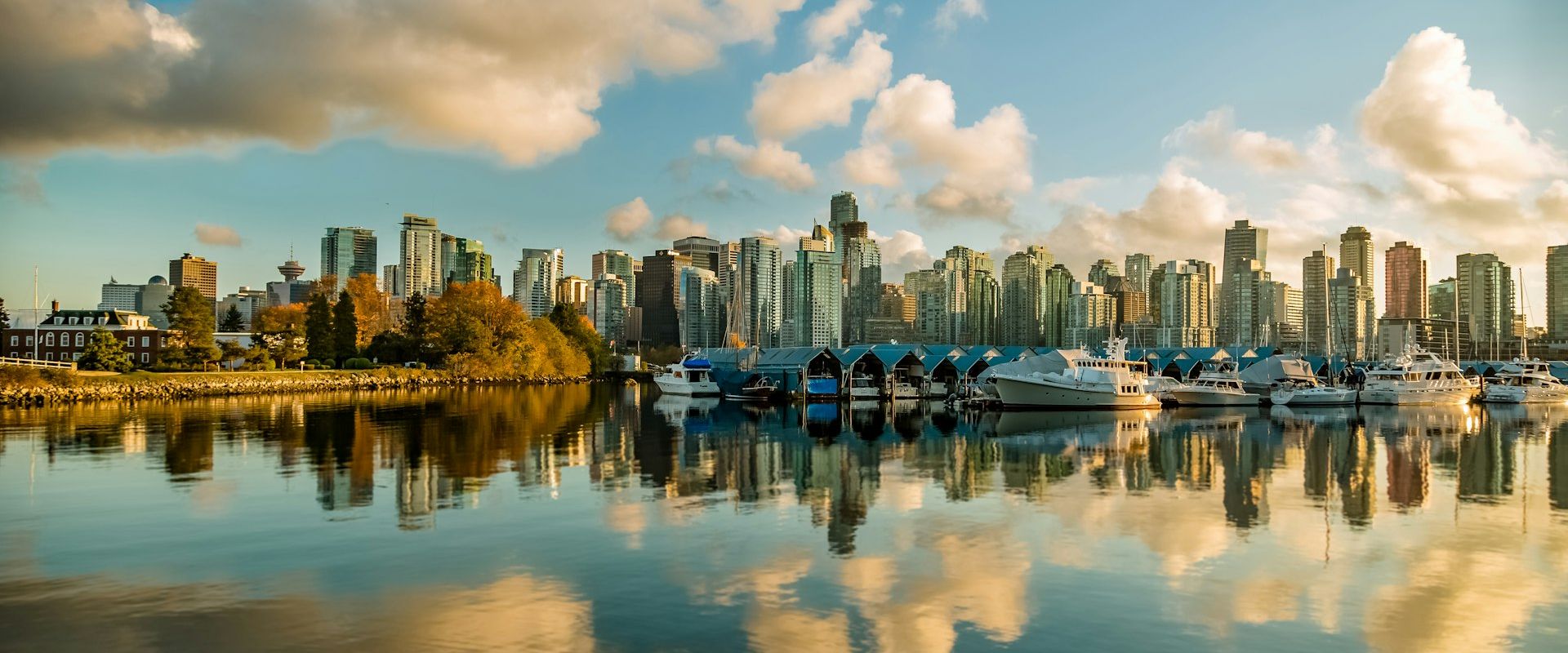 Vancouver Canada skyline with mountains and harbor