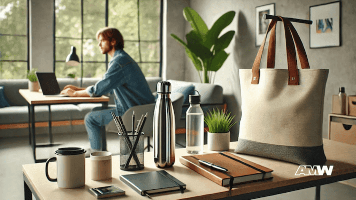 Person working at desk with office supplies.