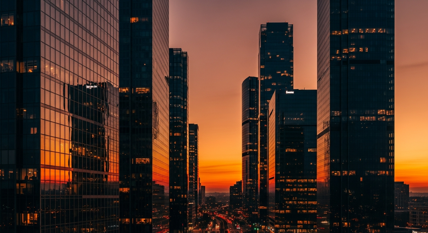 Editorial city skyline at dusk