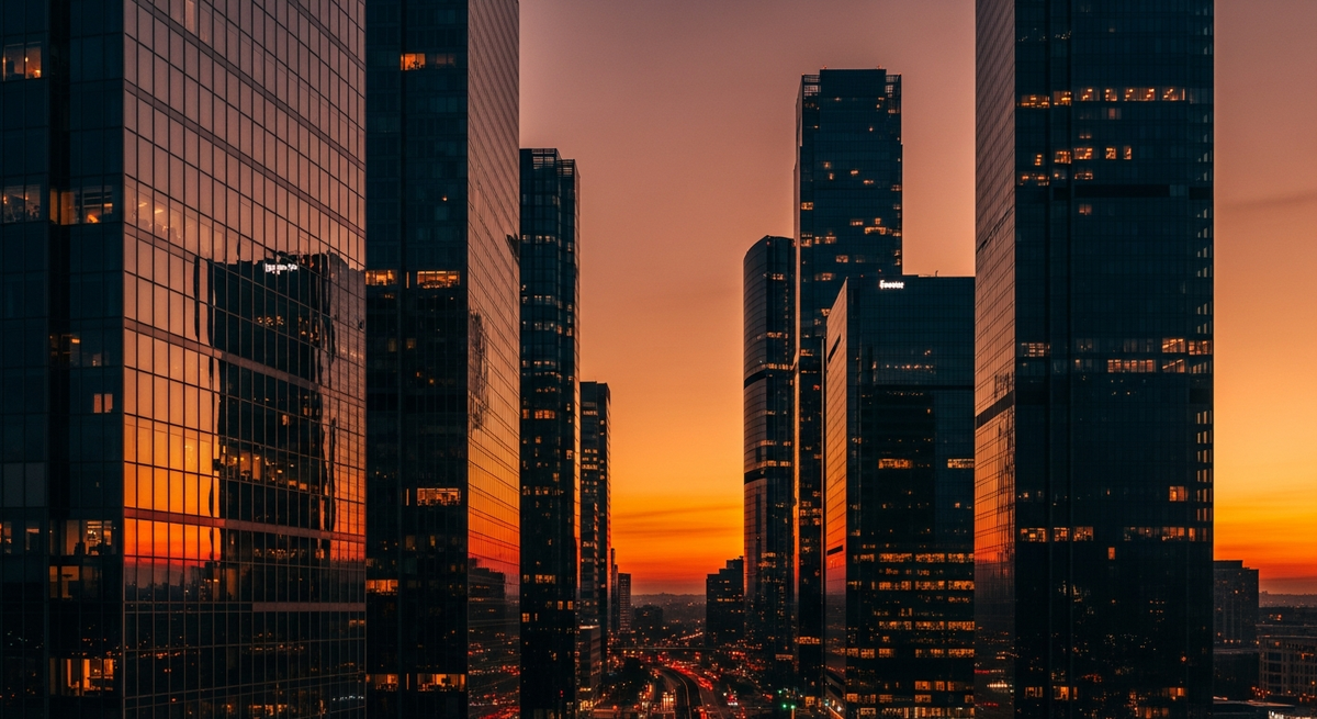 Editorial city skyline at dusk