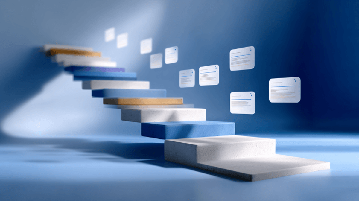 Floating steps with digital screens, blue gradient background.
