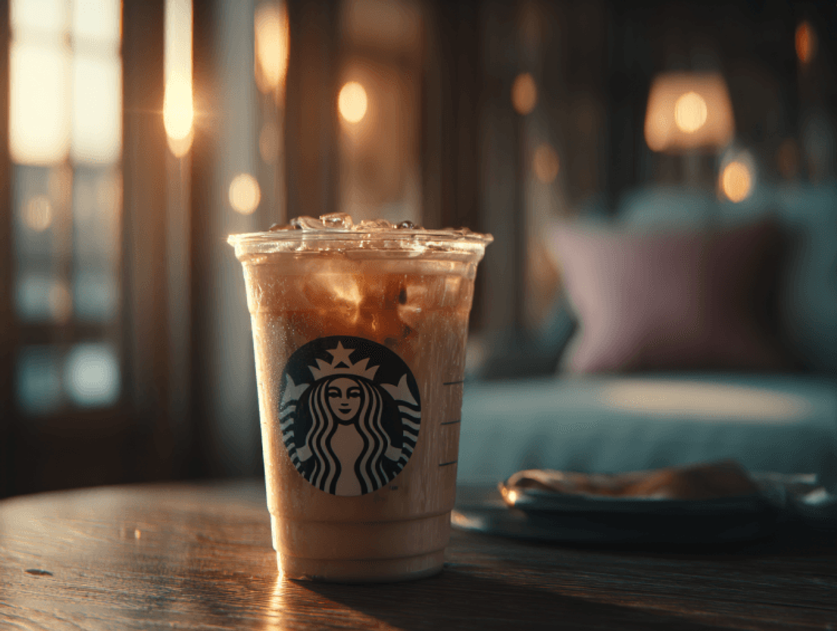 Iced coffee on a cafe table at sunset.