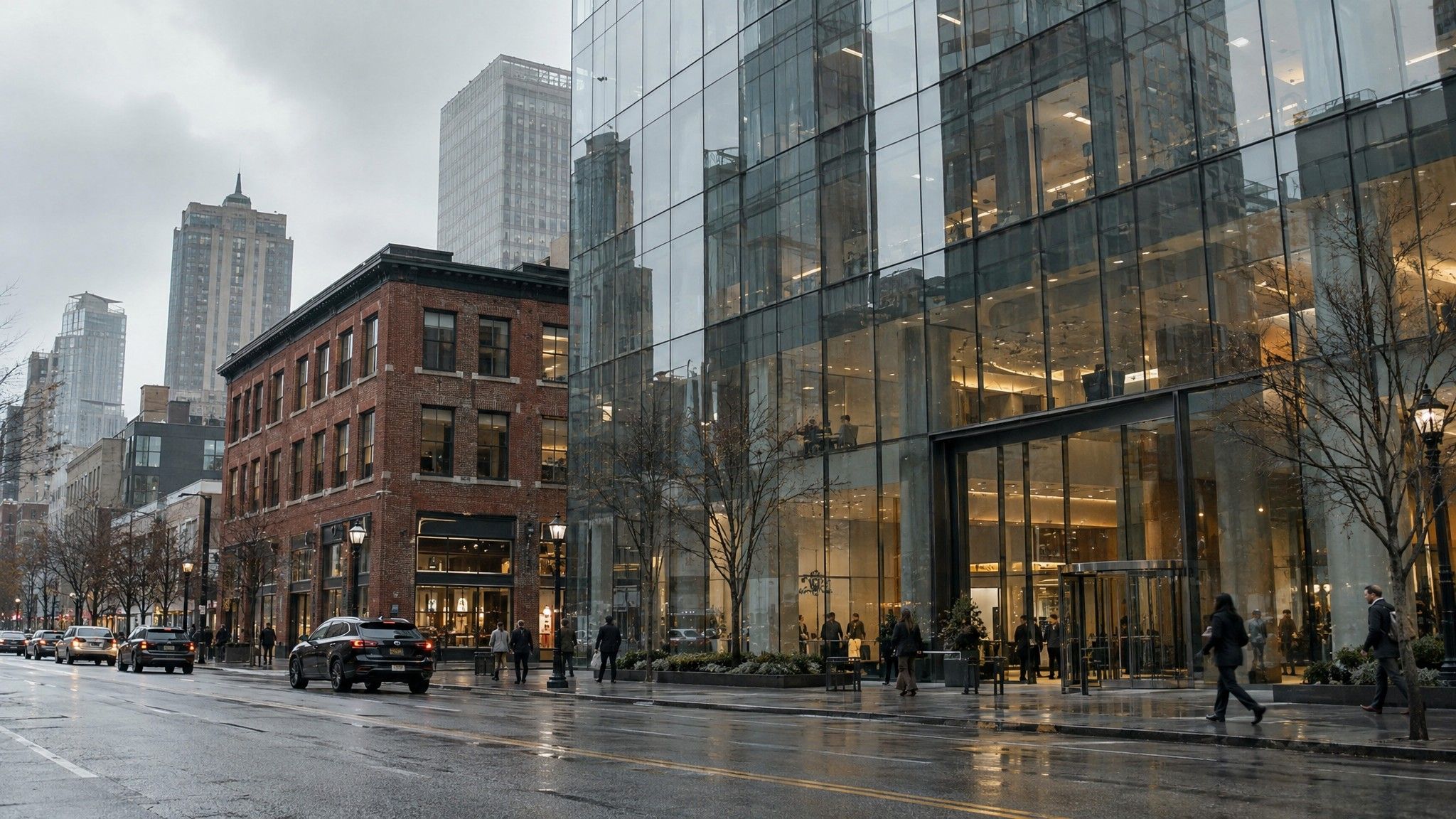 Tall glass headquarters beside a modest brick office building