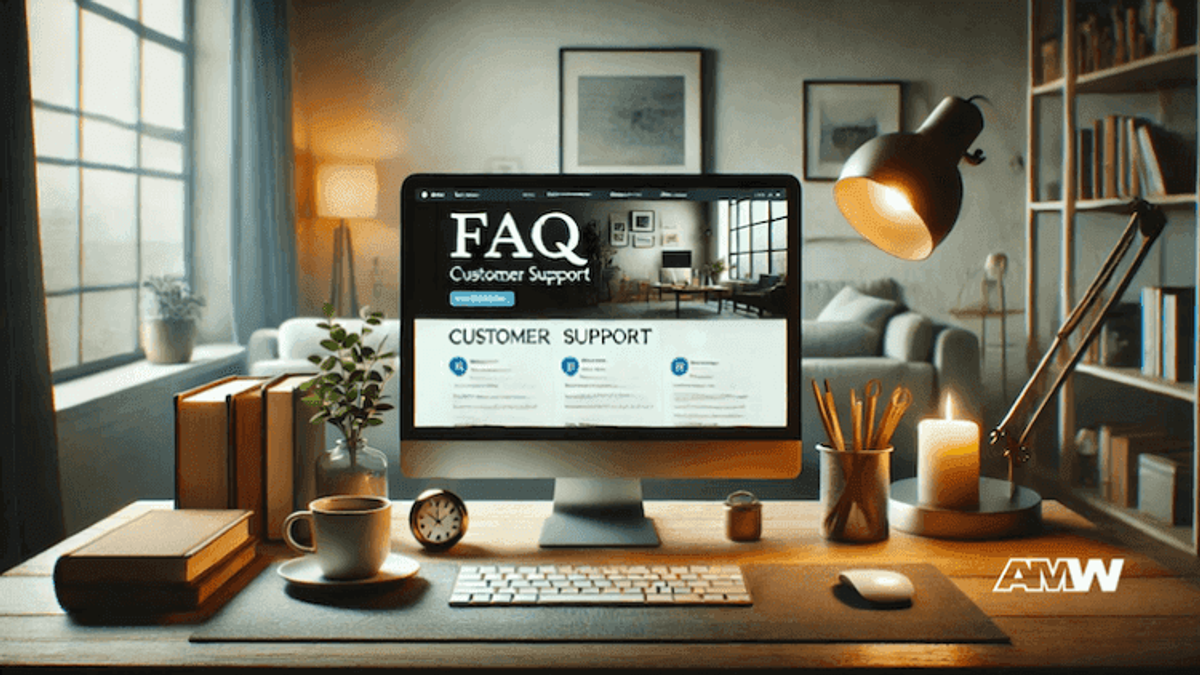Cozy workspace with desktop showing FAQ webpage.