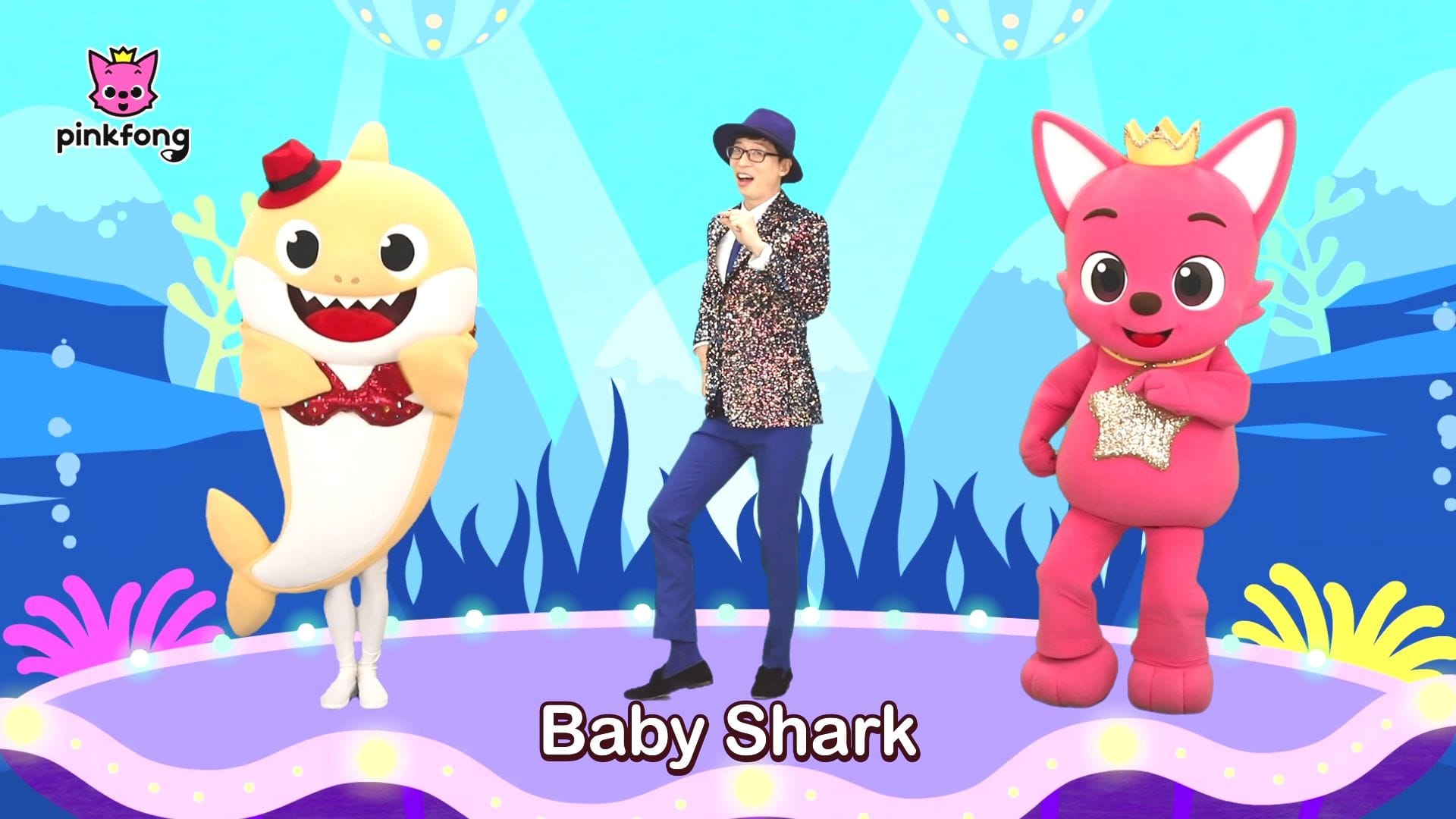 Professional concept illustration for pinkfong reimagines “baby shark” video with yellow suit-guy from “gangnam style”