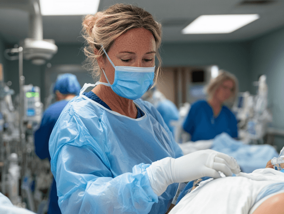 Nurse providing patient care in a hospital room.