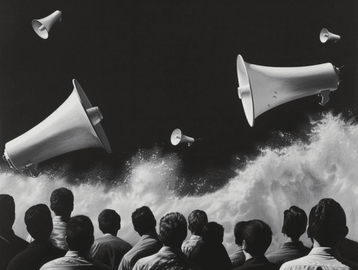 Crowd watches oversized megaphones over crashing waves.