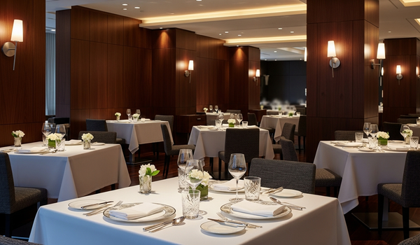 Upscale modern restaurant interior with dark wood finishes and elegant table settings — best PR agencies for restaurants