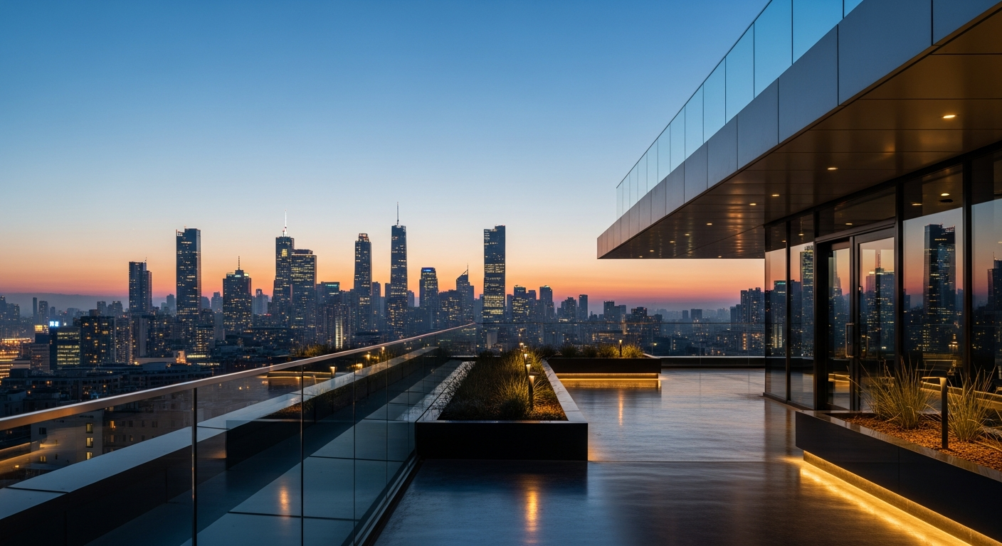 Editorial city rooftop at dusk
