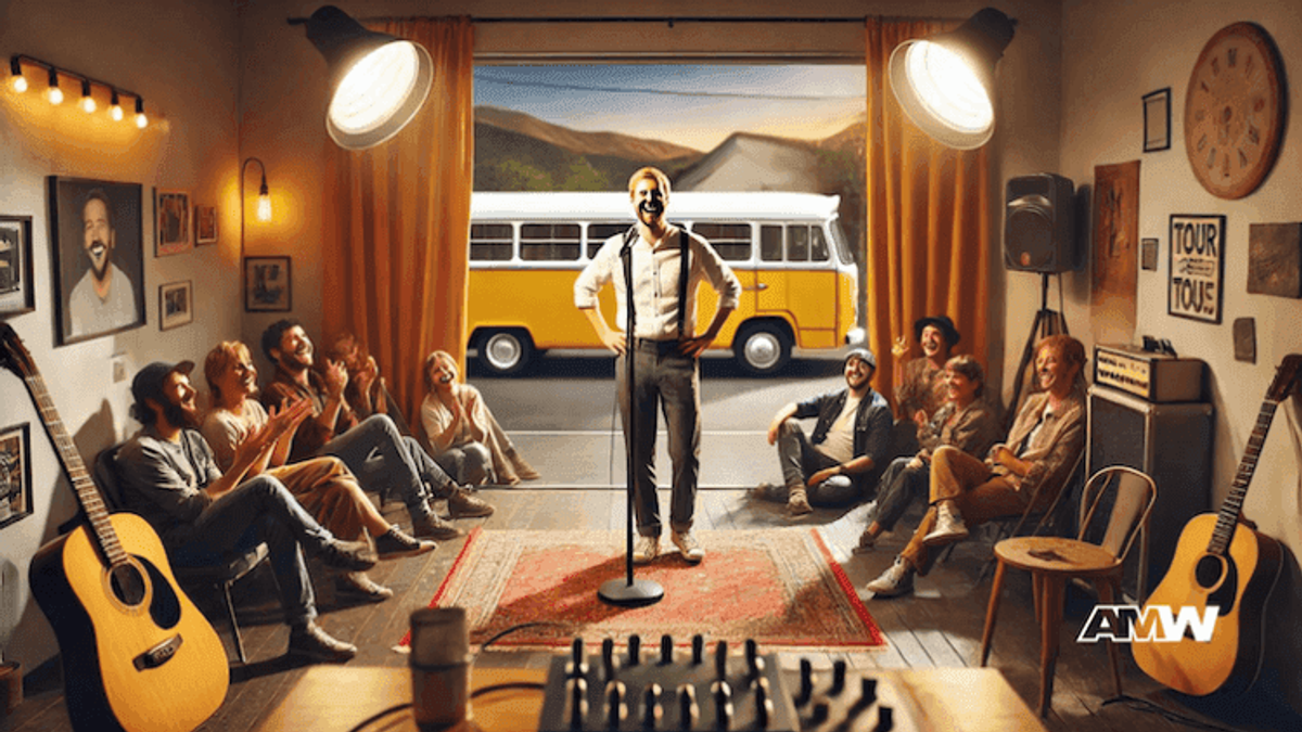 Man singing with friends in a cozy room.