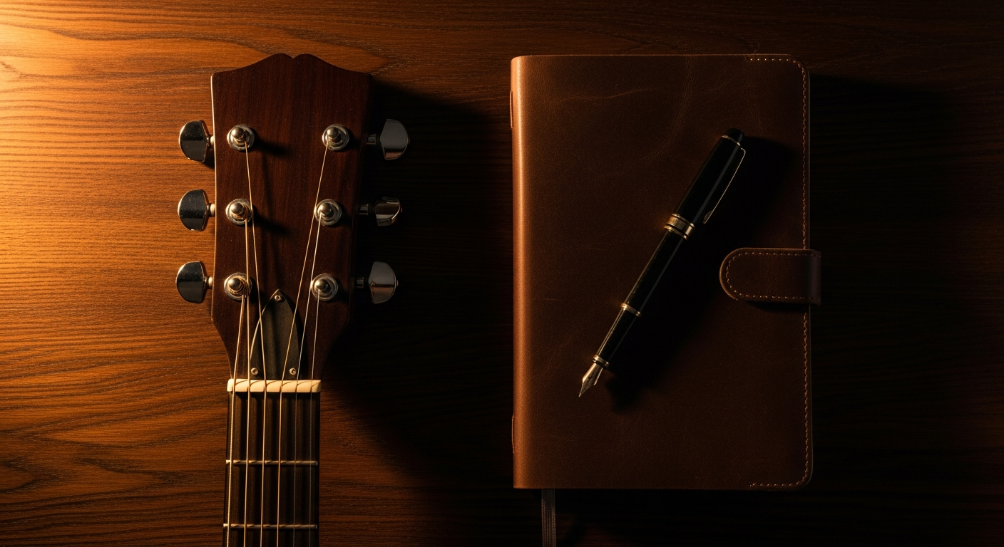 Editorial guitar and notebook flat-lay
