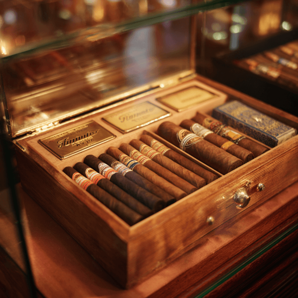 Luxury wooden cigar humidor with assorted cigars