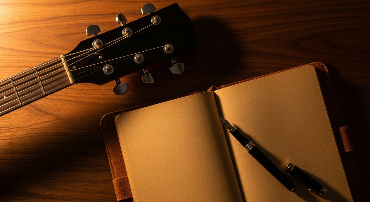 Editorial guitar and notebook flat-lay