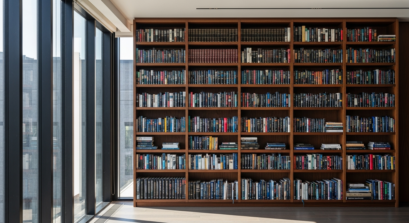 Premium bookshelf in modern library with natural light — best PR agencies for authors
