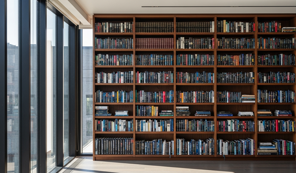 Premium bookshelf in modern library with natural light — best PR agencies for authors