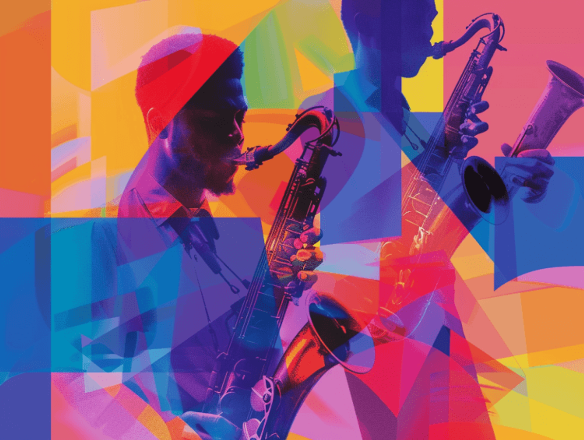 Colorful abstract artwork of saxophonist playing music.