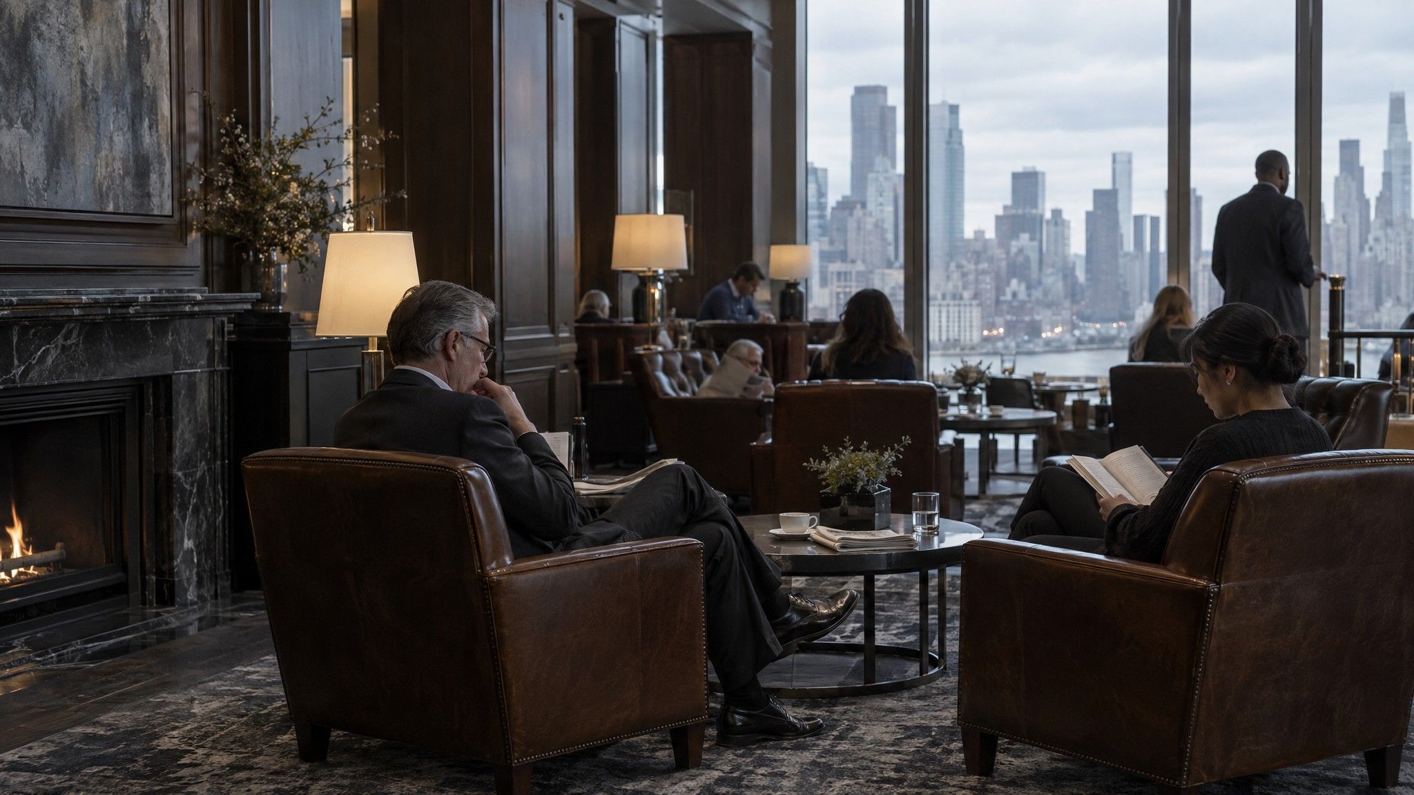 Members' club lobby with leather armchairs and a folded newspaper