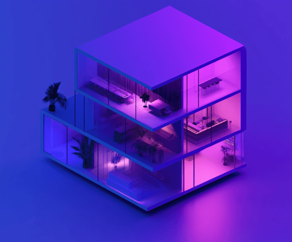 Futuristic glass building with neon lighting