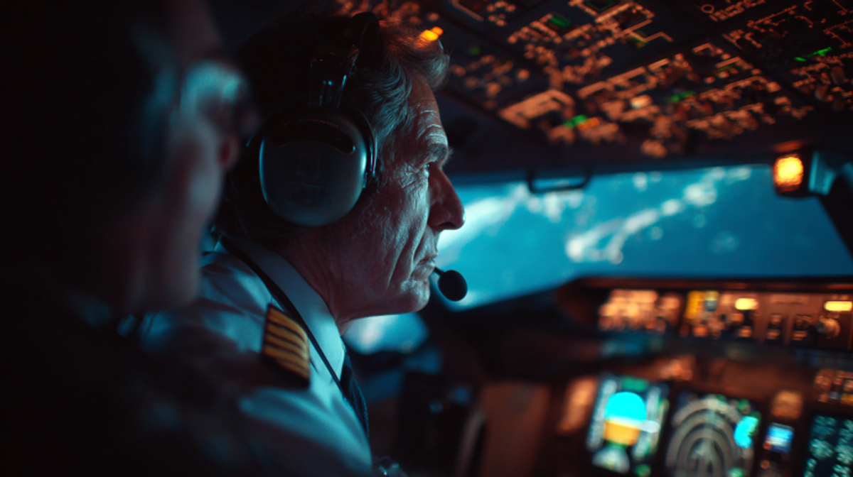Pilot focused in airplane cockpit controls.