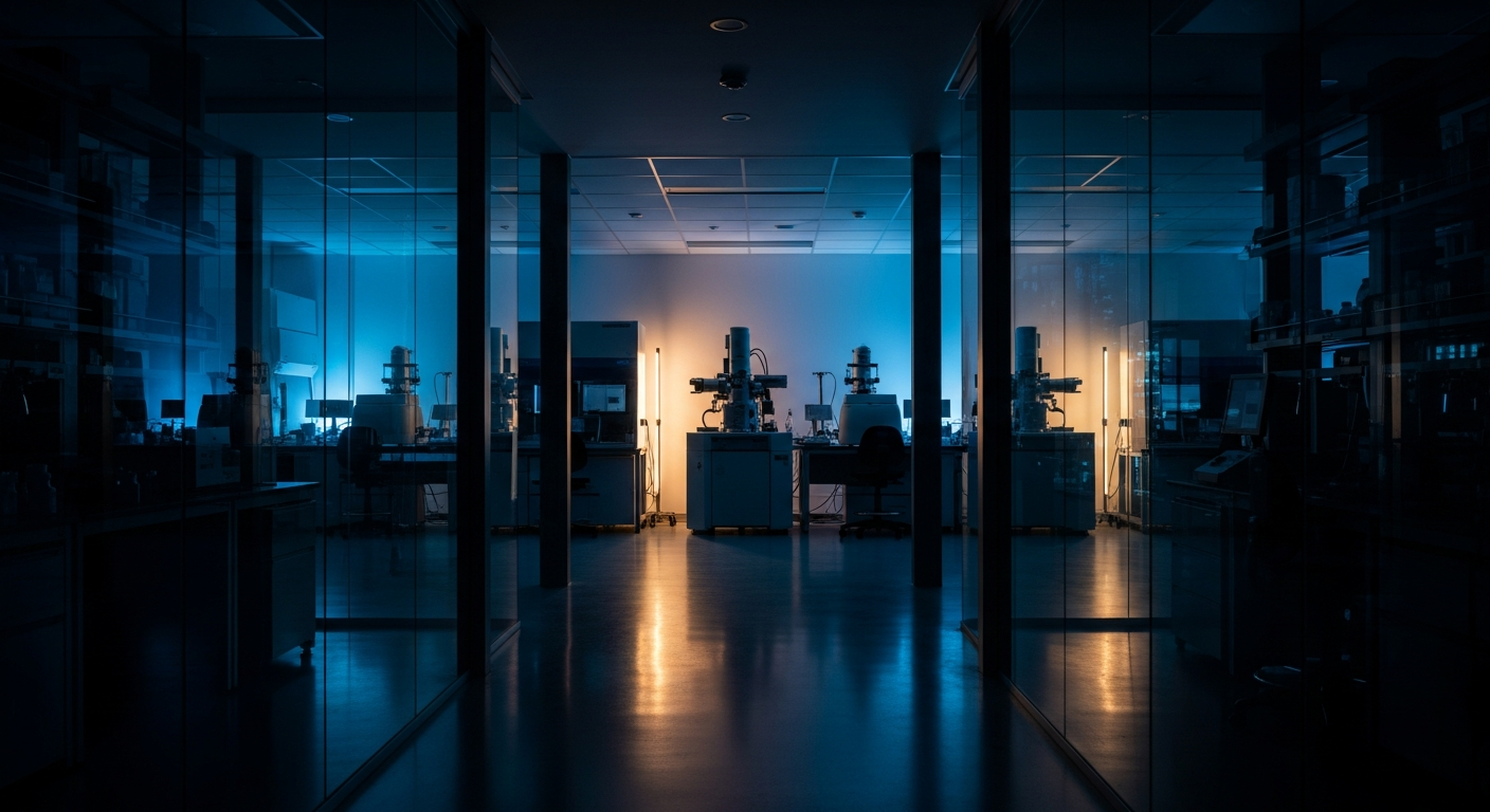 Dark moody medical research facility at night with blue ambient lighting on glass and steel