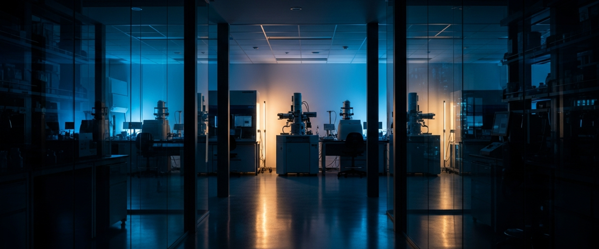 Dark moody medical research facility at night with blue ambient lighting on glass and steel