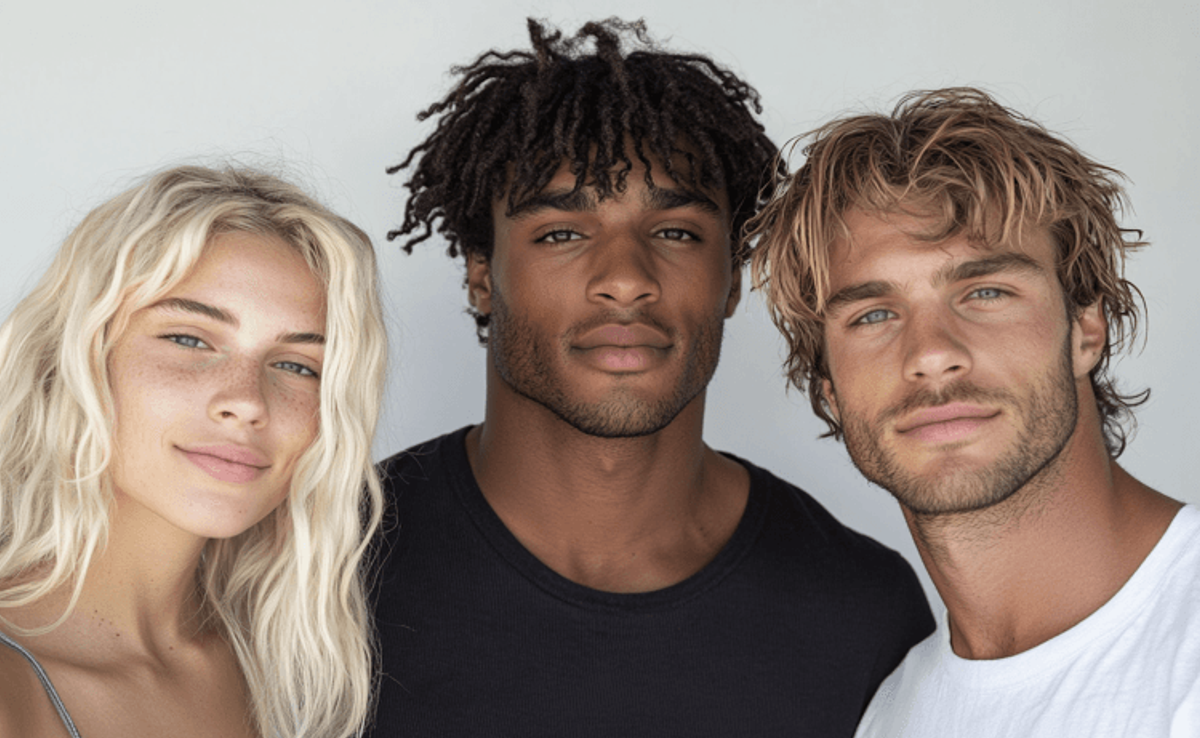 Three friends posing together against white background.