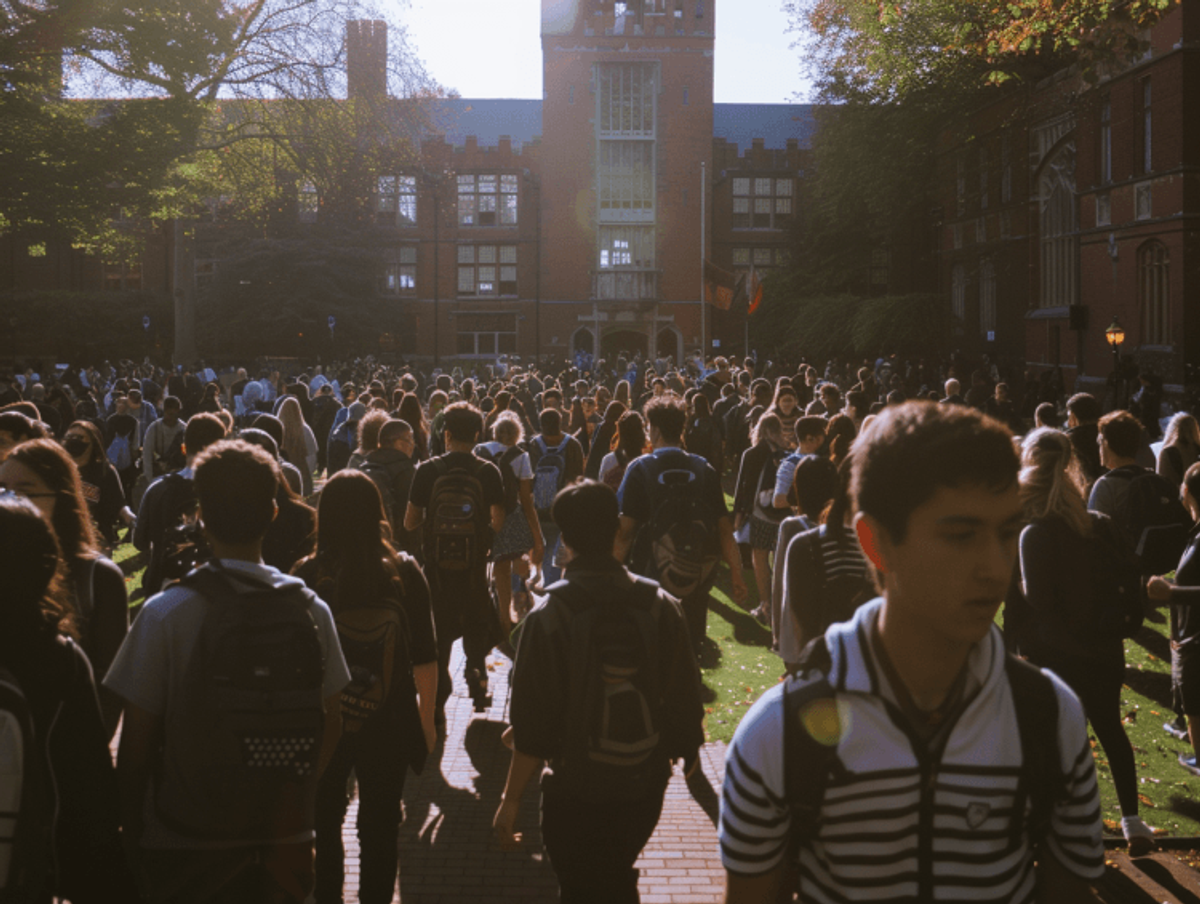 Campus scene with students walking, historic building background.