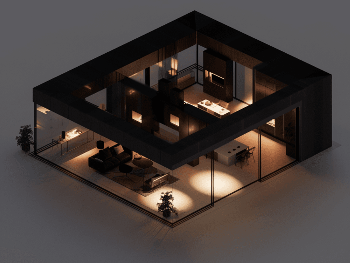 Modern corner apartment with open interior at night.