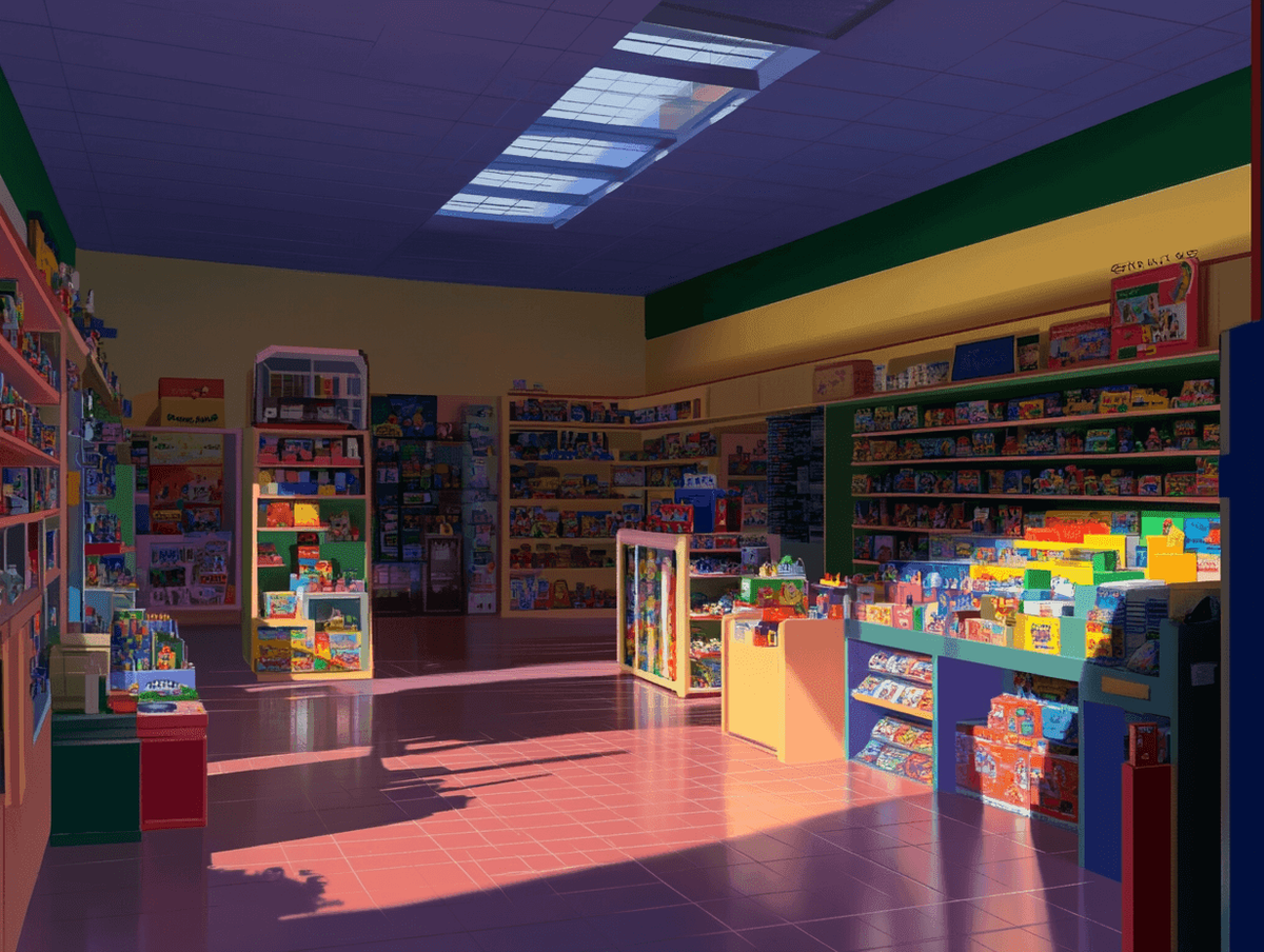 Colorful toy store interior with sunlight casting shadows.