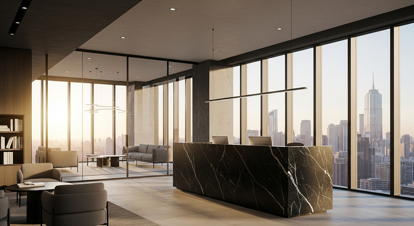 Luxury modern real estate office with city skyline view — best content marketing agencies for real estate